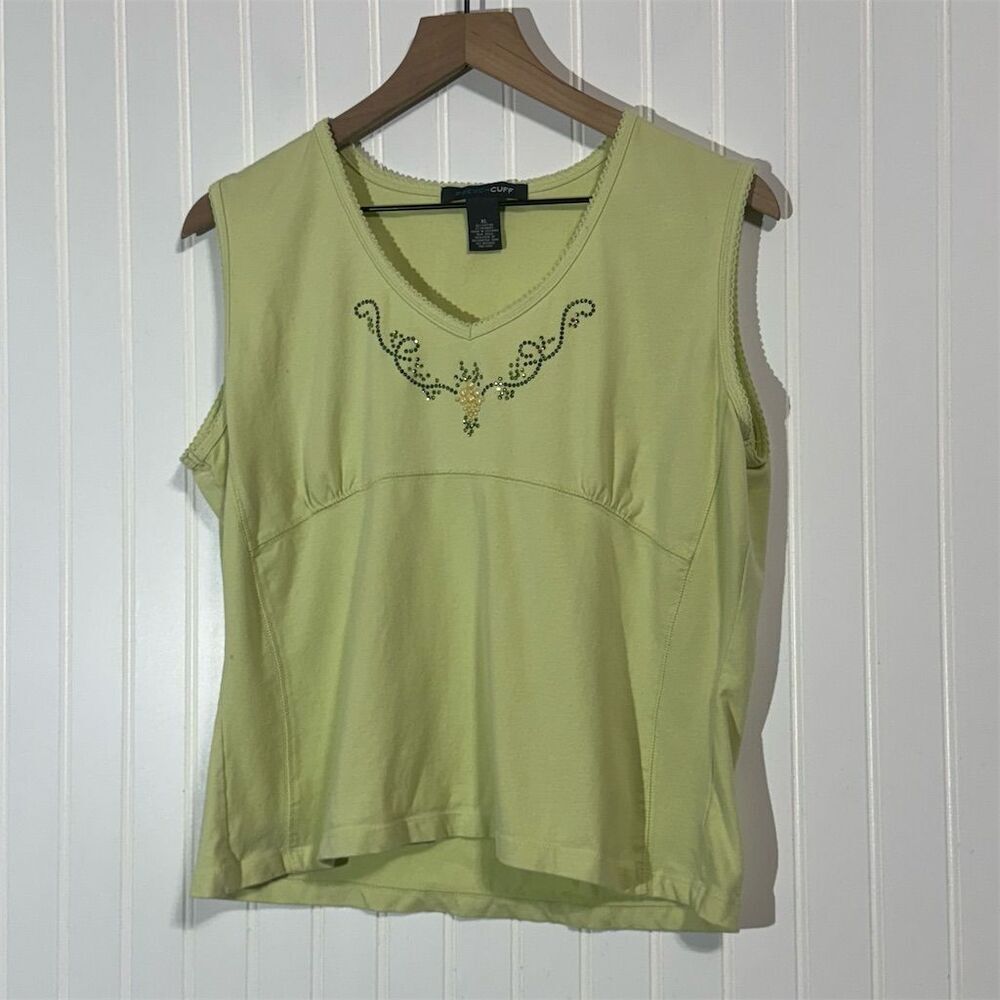 French Cuff Lime Green Tank Top XL‎ Rhinestone Studded Y2K Sleeveless Shirt